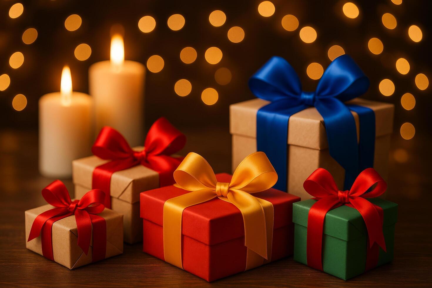 Holiday Presents With Colorful Bows and Soft Candlelight Create a Warm Festive Atmosphere photo