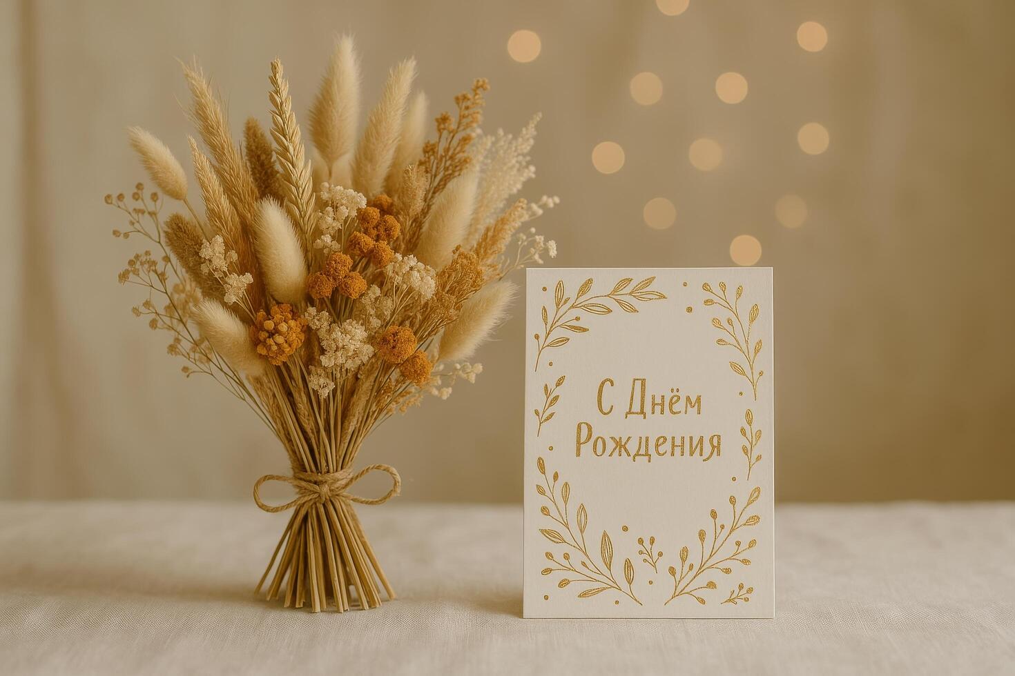 Elegant Birthday Card Decorated With Dried Flowers on a Soft Background With Warm Lights photo