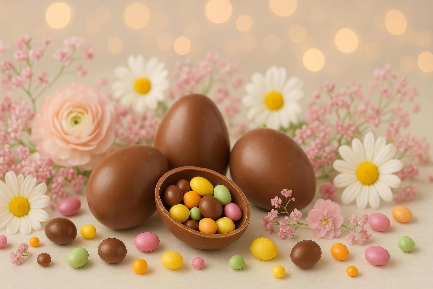 Festive Display of Chocolate Eggs and Colorful Candies Surrounded by Flowers photo
