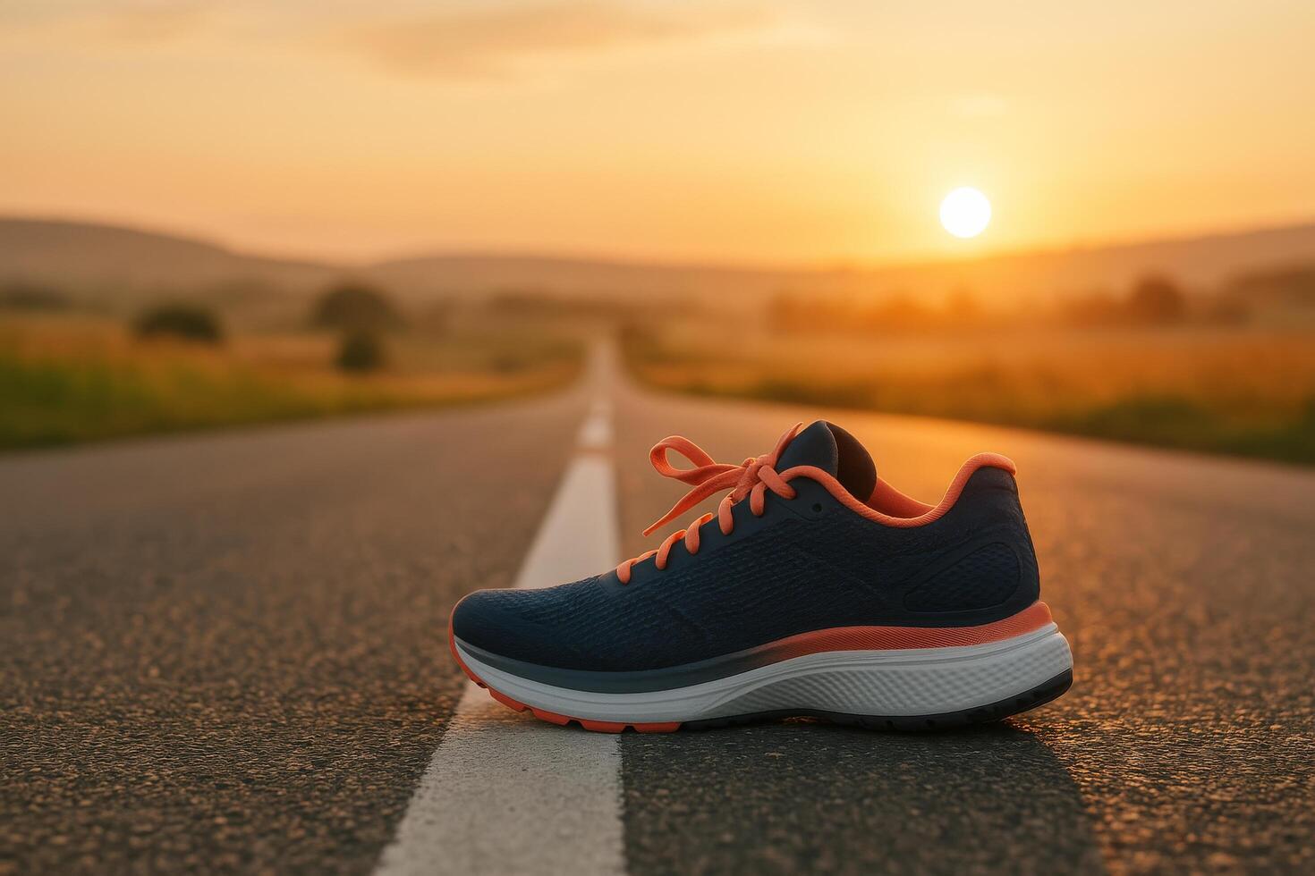 Running Shoe Resting on an Empty Road at Sunset in a Tranquil Outdoor Setting photo
