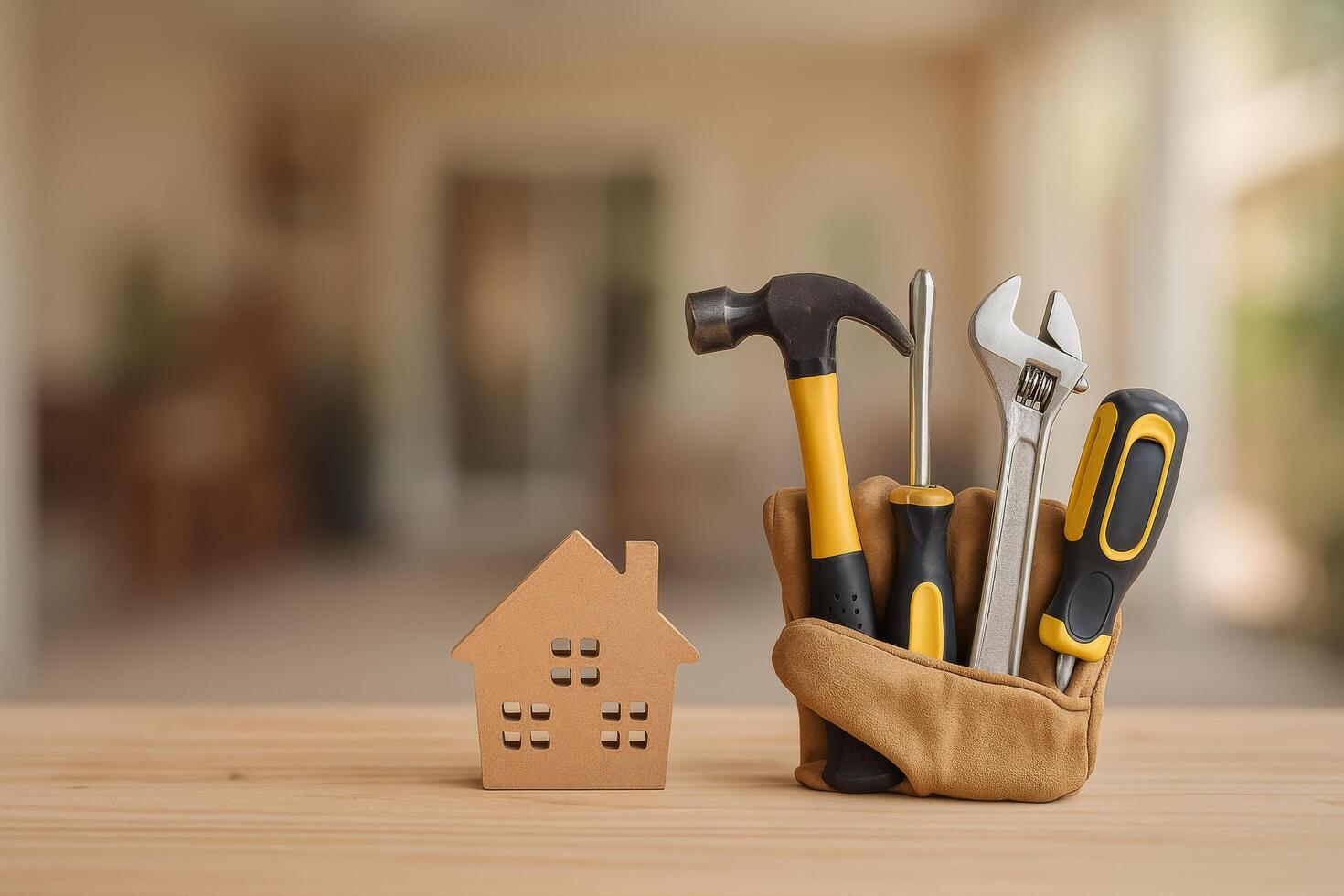 Home Repair Tools Displayed With a Wooden House Model in a Cozy Indoor Setting photo
