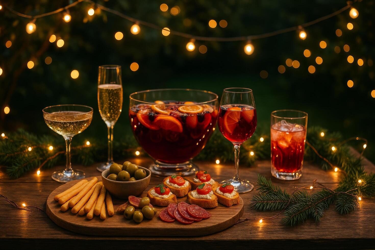 Delightful Evening Gathering Featuring Drinks and Appetizers in a Festive Outdoor Setting photo