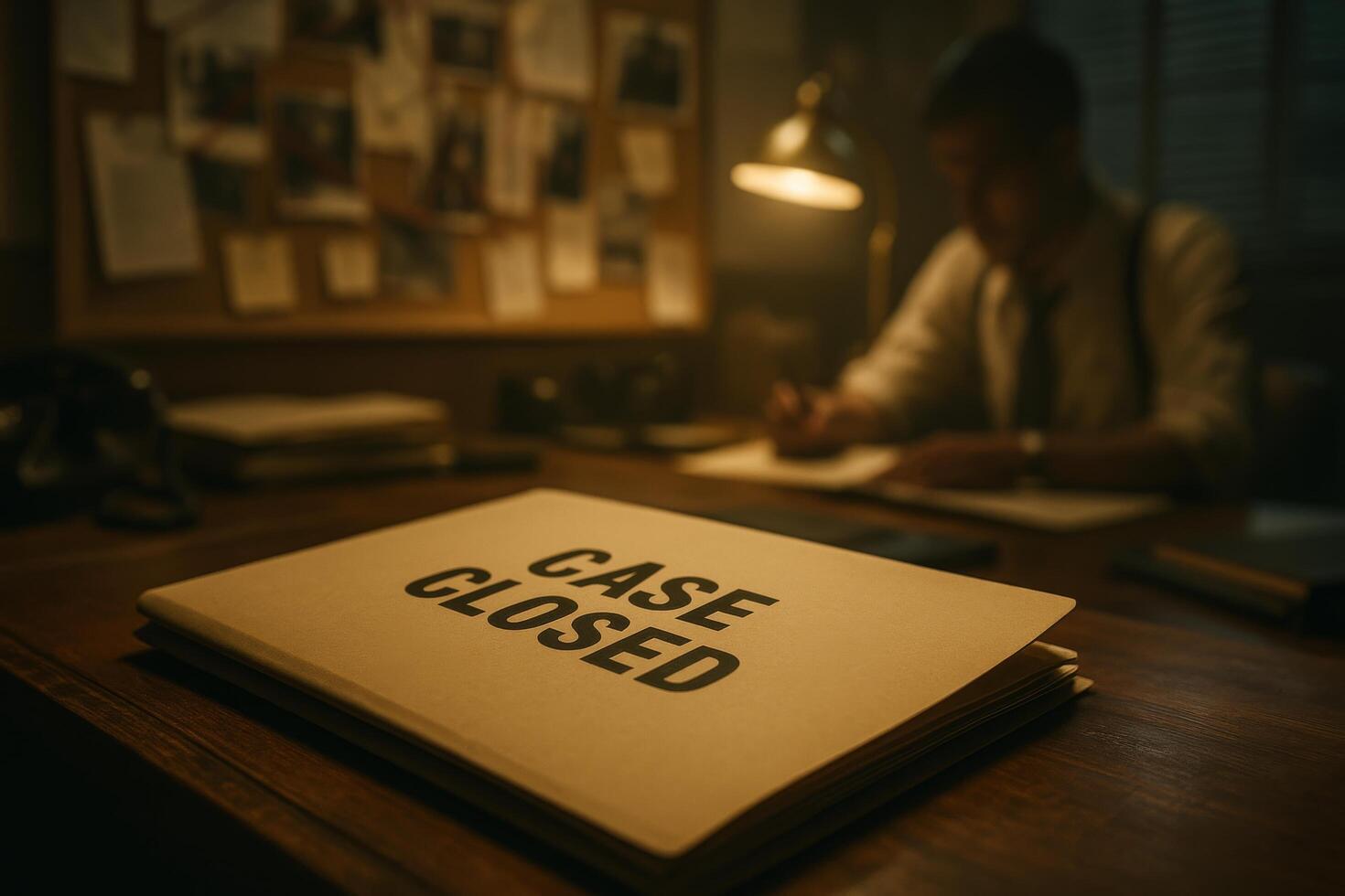 Detective Working Late on Closed Case in Dimly Lit Office With Documents and Bulletin Board photo
