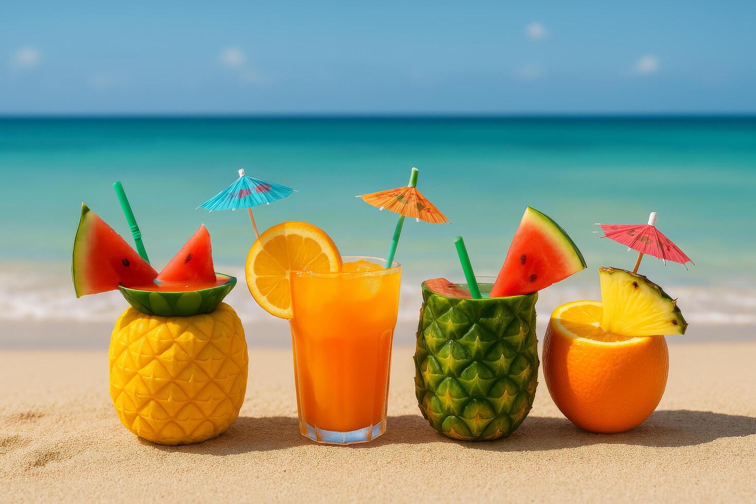 Colorful Tropical Drinks on the Beach With Clear Blue Water and Sunny Sky photo