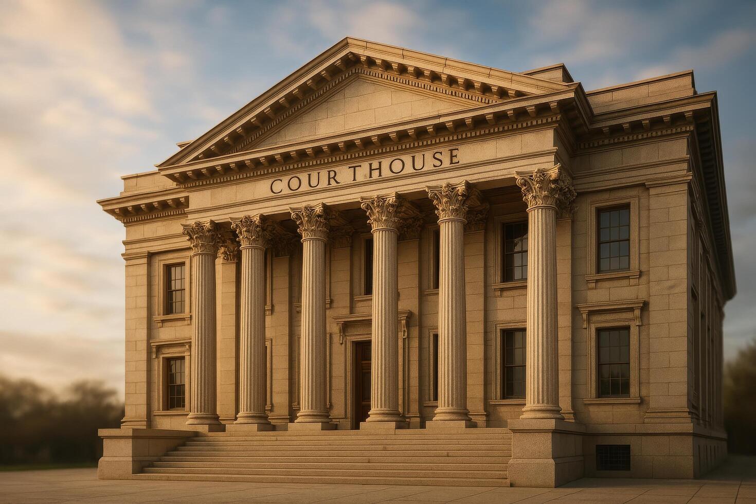 Historic Courthouse Building With Columns and Intricate Architecture During Golden Hour photo