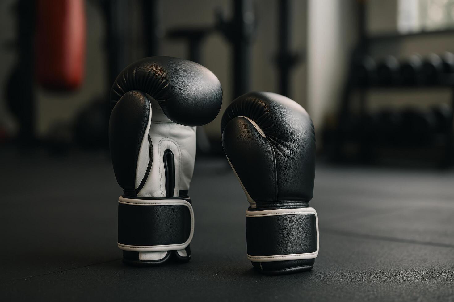 Boxing Gloves Positioned on Gym Floor Ready for Training and Sparring Sessions photo