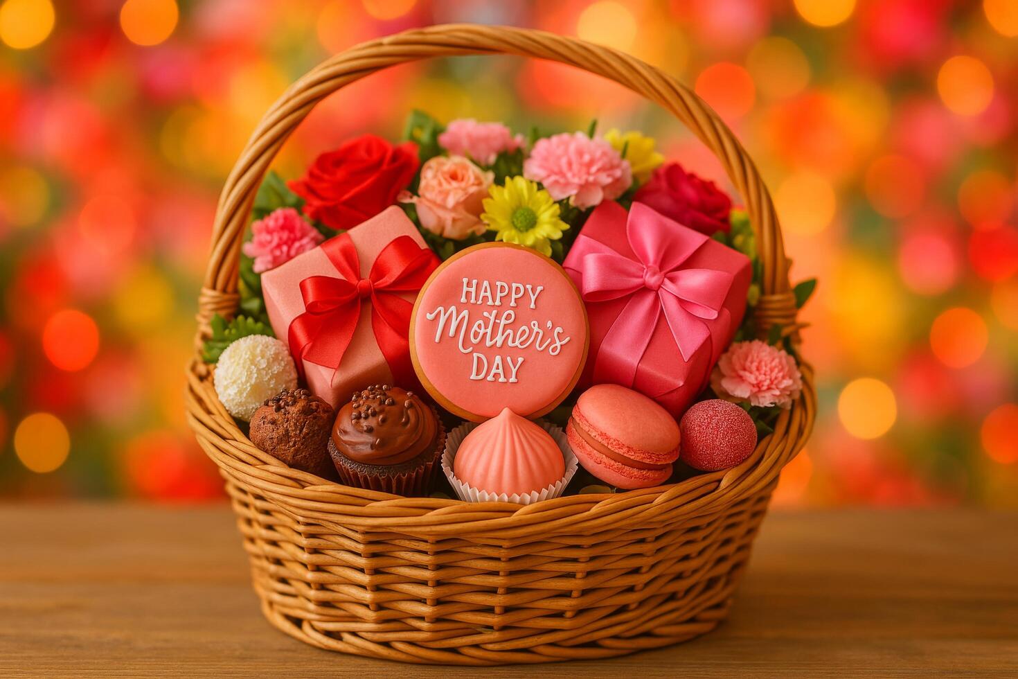 Celebrate Mothers Day With a Beautiful Basket of Flowers and Sweets in a Vibrant Setting photo