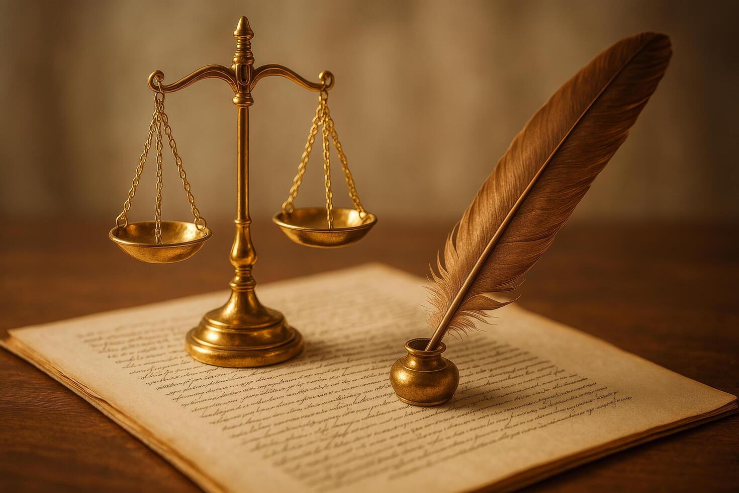 Golden Scales of Justice and a Quill Pen on an Old Handwritten Document in a Serene Setting photo