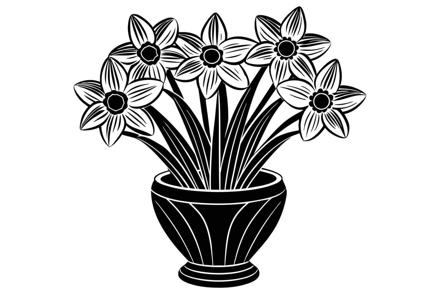 Elegant black and white daffodils in a decorative vase. vector