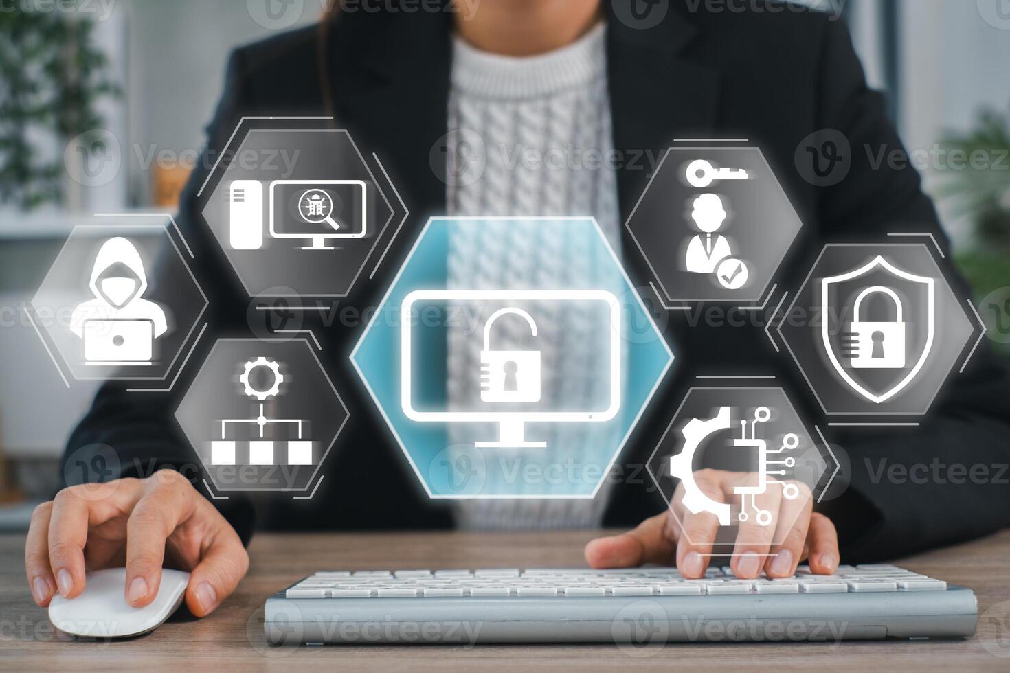 Businesswoman interacting with digital security interface, showcasing cybersecurity concepts and data protection technology. photo