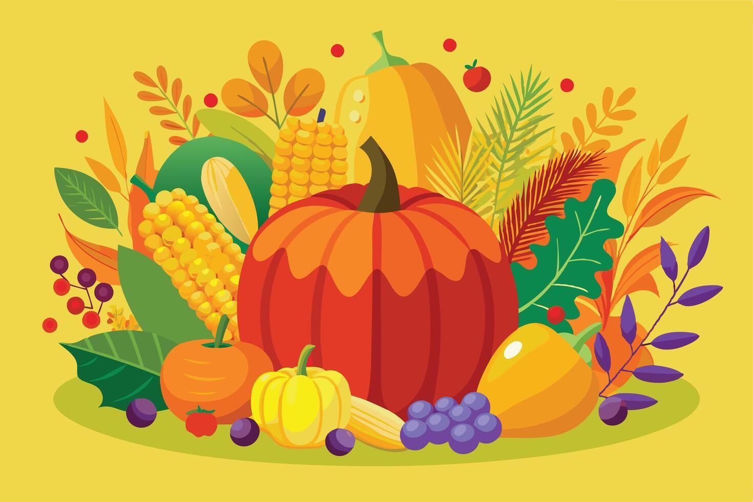 A colorful Autumn Harvest Display of Pumpkins, Vegetables and Fruits vector
