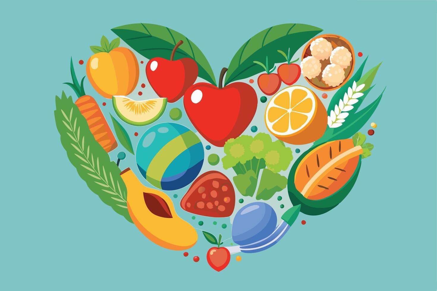 Colorful Heart-Shaped Collage of Fruits and Vegetables for a Healthy Lifestyle vector