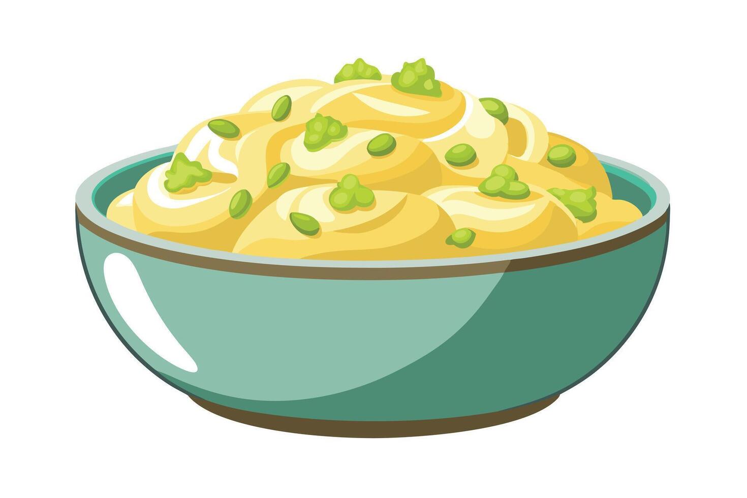 Creamy mashed potatoes in a bowl, garnished with green herbs. vector