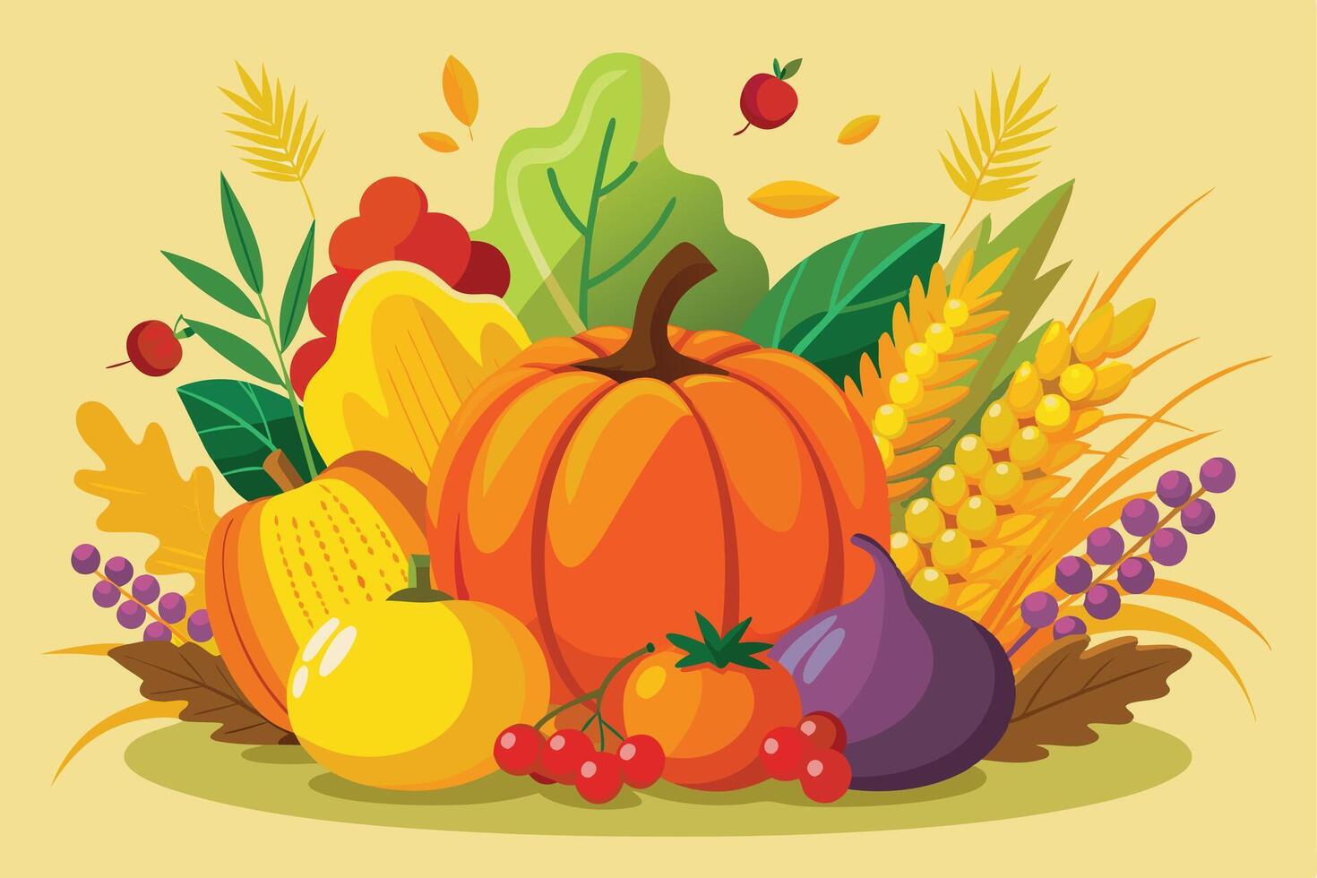 Colorful Autumn Harvest Display of Pumpkins, Vegetables and Fruits vector