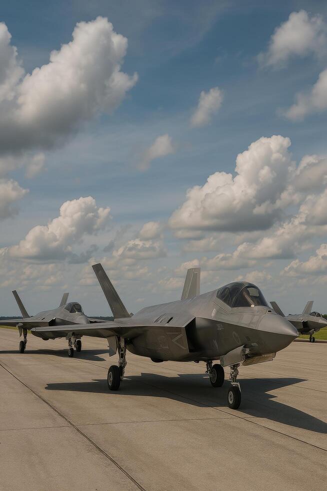 Military Aircraft Ready for Takeoff Under a Cloudy Sky at an Airbase photo