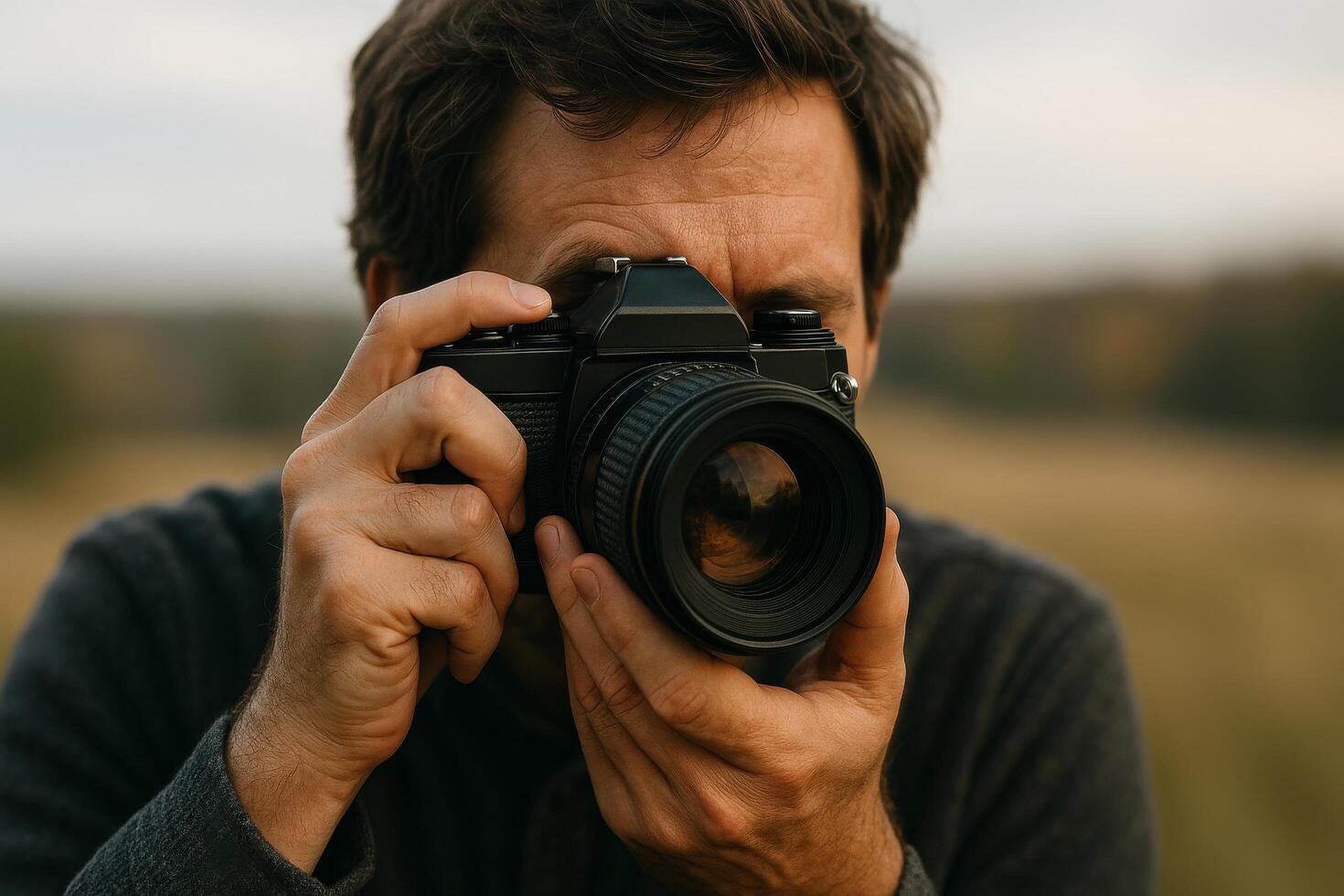 Man Capturing Nature With Camera During Golden Hour in Open Field photo