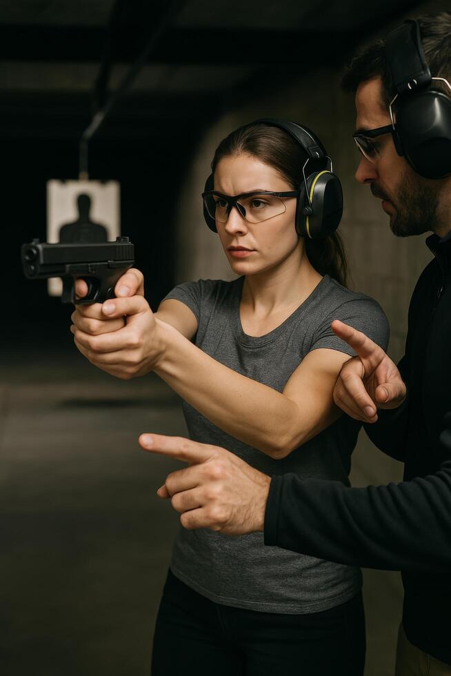 Woman Receives Firearm Training in Indoor Shooting Range for Skill Development and Safety photo