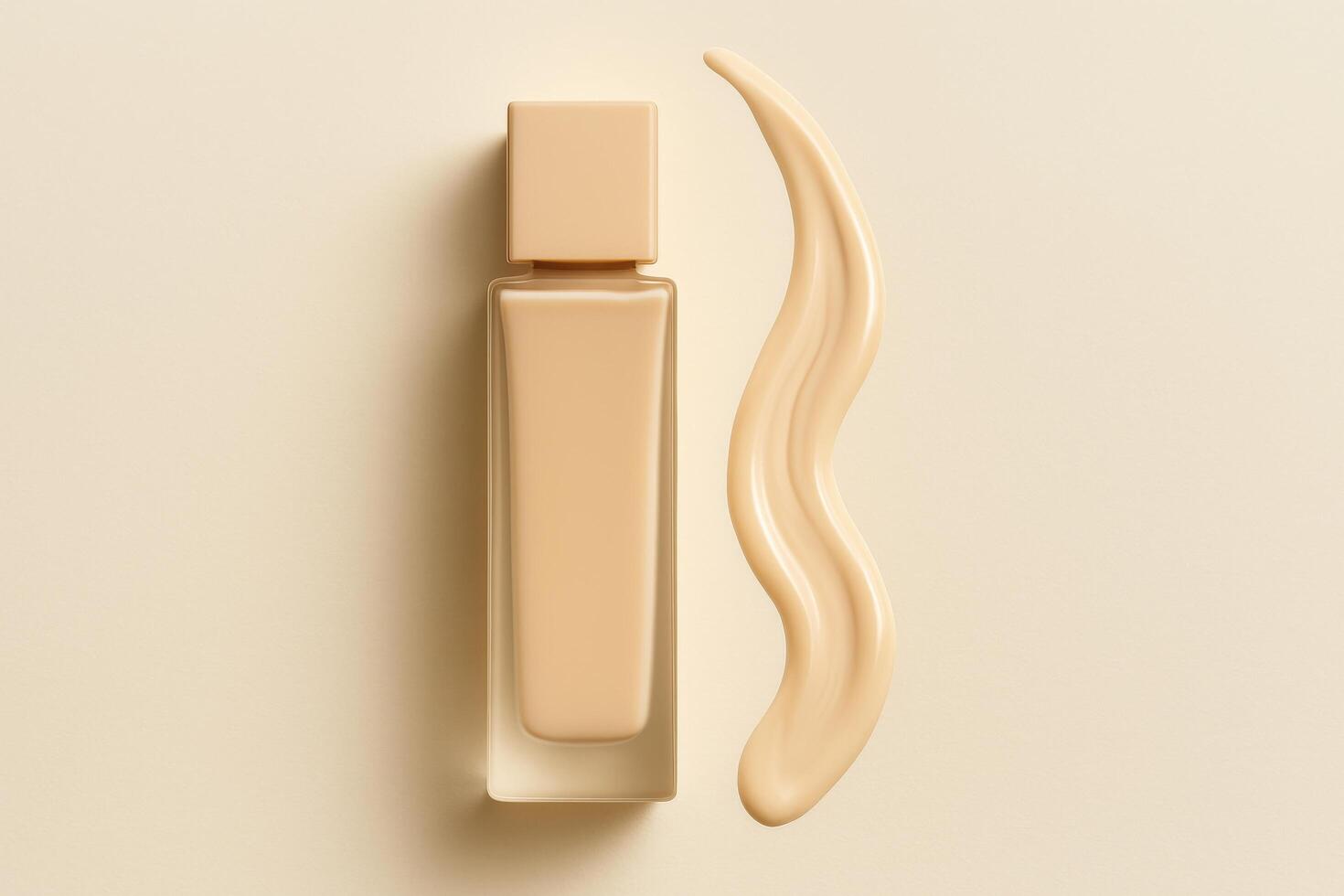 Skin Tone Foundation Bottle and Swatch on Beige Background for Makeup Application photo