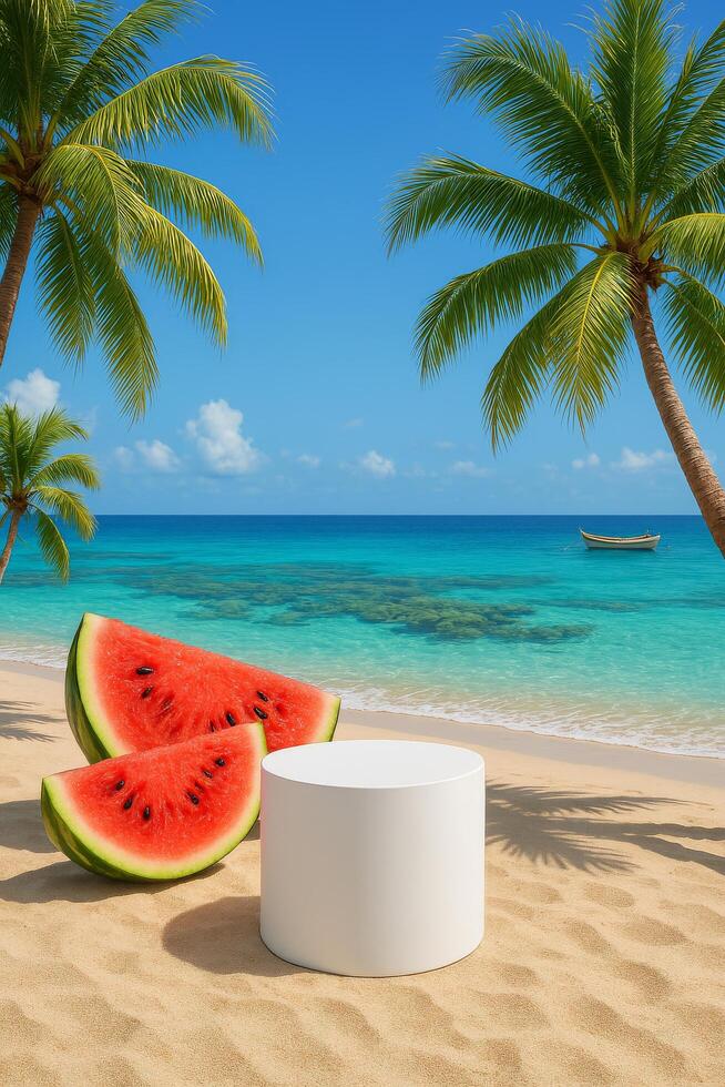 Fresh Watermelon Slices on a Sandy Beach by the Turquoise Ocean With Palm Trees Under a Clear Sky photo