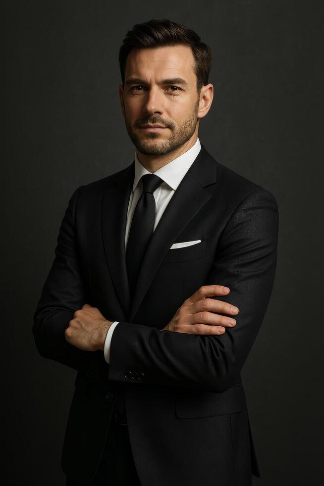 Professional Man in a Suit Posing Confidently Against a Dark Background photo