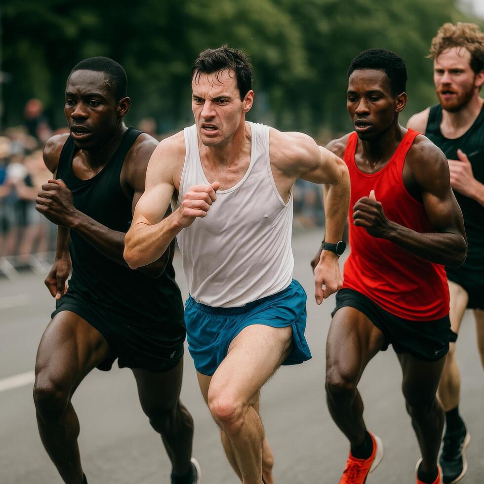 Runners Competing in a Race During a Sunny Day in an Urban Setting photo