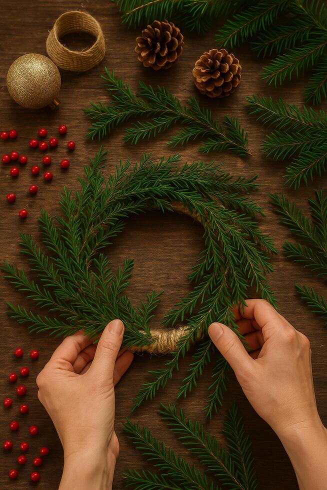 Creating a Natural Wreath With Pine Branches and Decorative Elements for Festive Decor photo