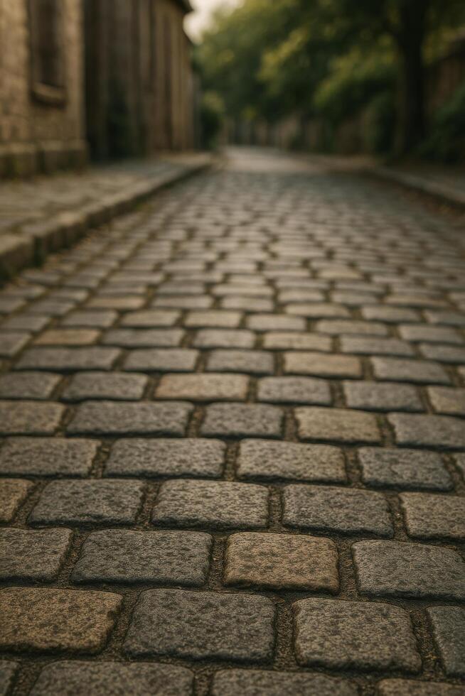 Cobblestone Pathway Winding Through a Quiet Historic Town in Soft Evening Light photo
