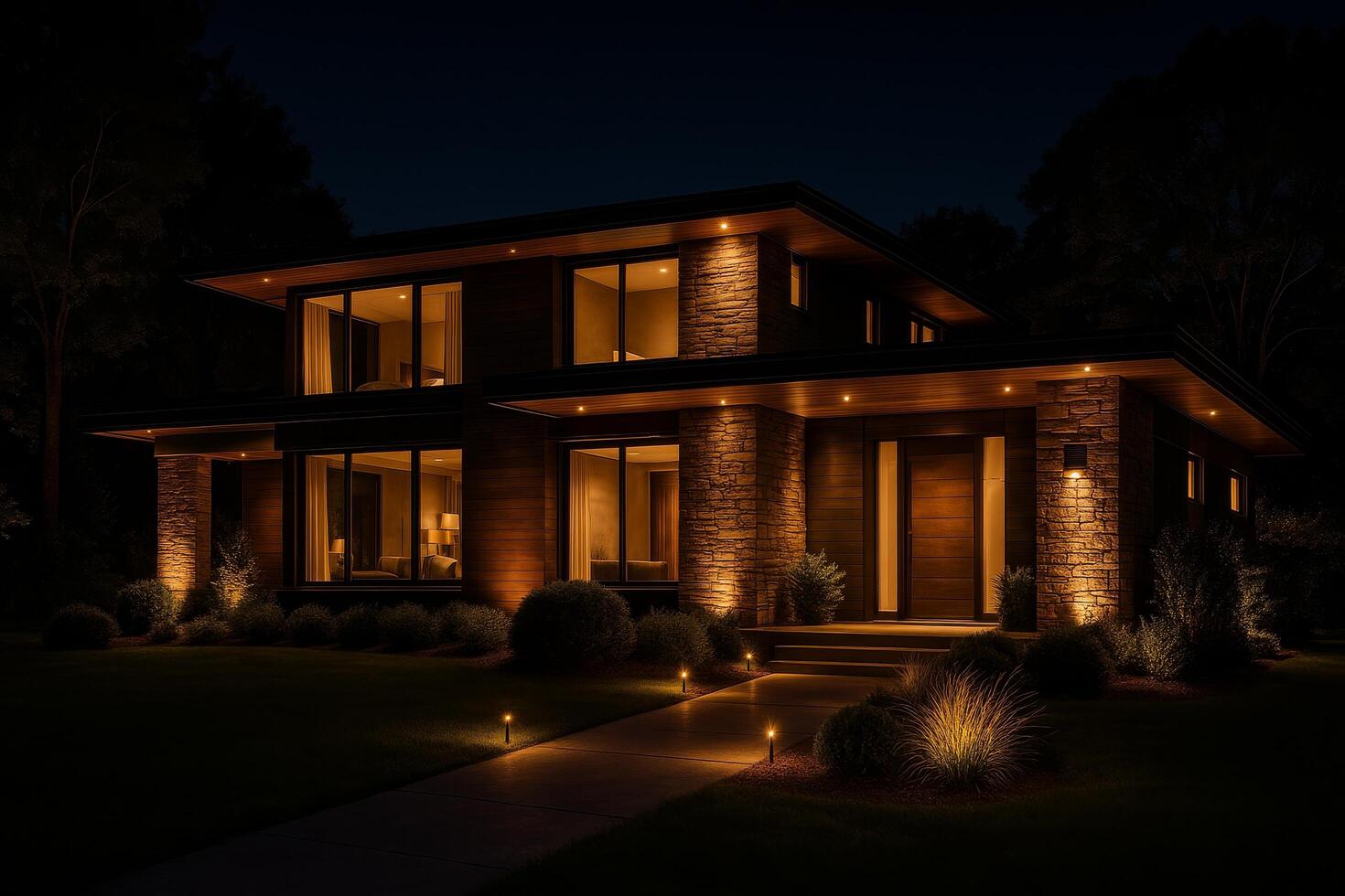 Modern Home Illuminated at Dusk With Warm Lights and Stylish Architecture in a Tranquil Setting photo