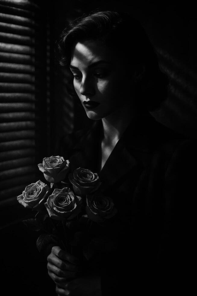 Woman Holding Roses in Low-Light Setting With Shadows Creating Dramatic Effect photo
