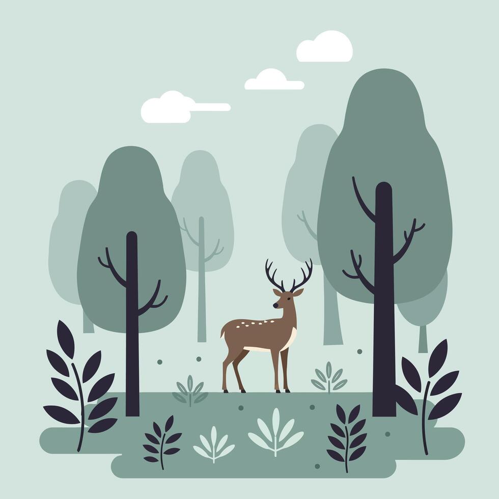 A serene deer standing among tall trees and lush foliage in a flat, minimal forest setting, showcasing tranquility in art vector