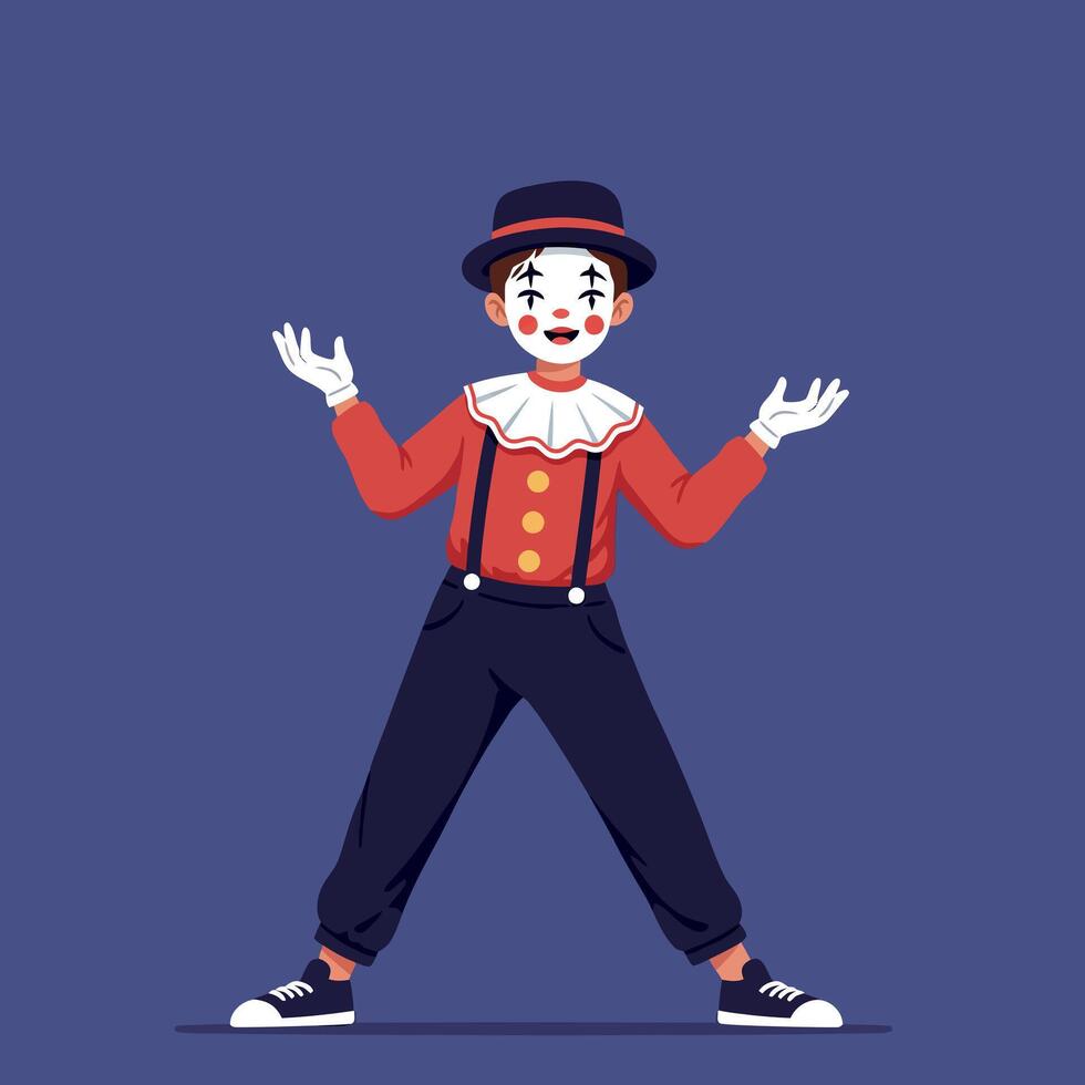 Cheerful clown in vibrant red and blue outfit performing playfully with arms outstretched in a minimalistic flat illustration vector