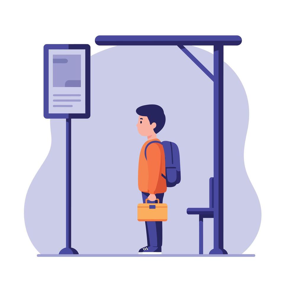 Young boy waiting at a bus stop under a minimalist shelter in flat art style, holding a briefcase with a backpack on his shoulders vector