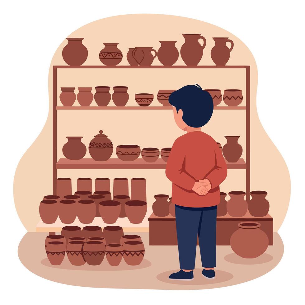 A boy observing handcrafted pottery displayed on shelves in a cozy shop, showcasing detailed designs and warm colors, flat art vector