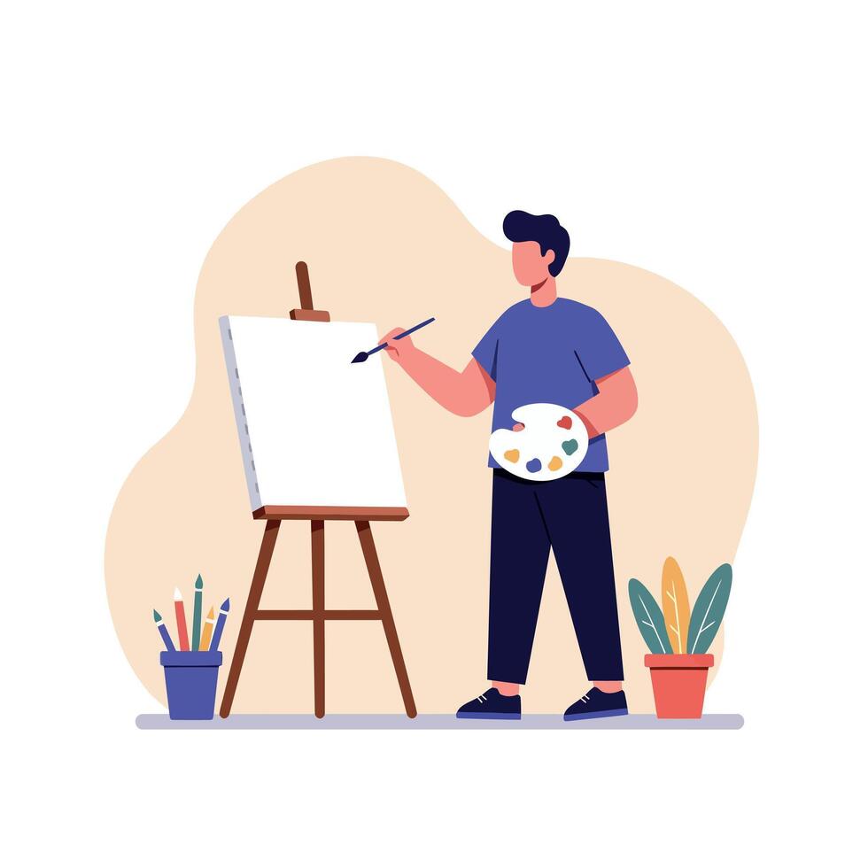 A young male artist standing in front of a blank canvas, holding a palette and brush in a minimalistic studio setting, creating vibrant art vector