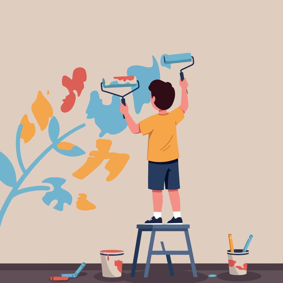 A young boy painting a colorful mural on a wall while standing on a stool in a flat illustration style vector