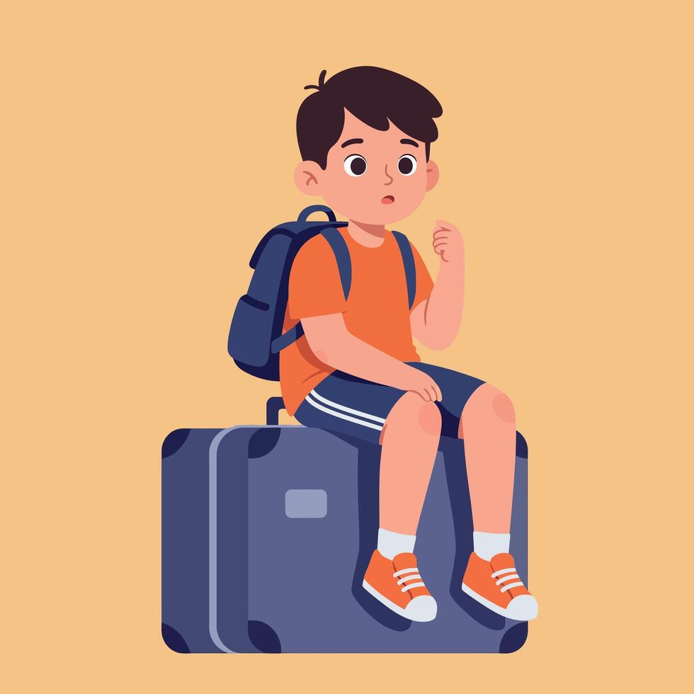 A young boy sitting on a large suitcase with a thoughtful expression while wearing a casual orange shirt and backpack in flat art vector