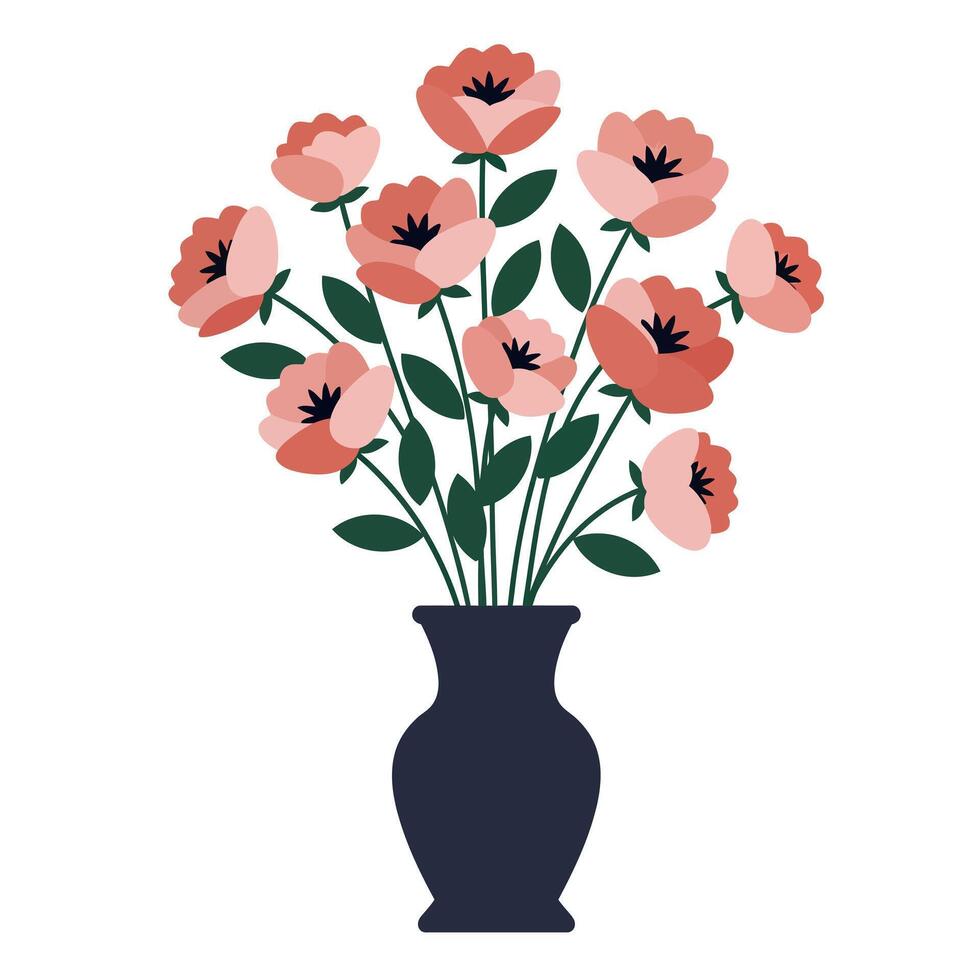 A bouquet of pink and white flowers in a sleek black vase, showcasing minimalistic design and vibrant colors in art vector