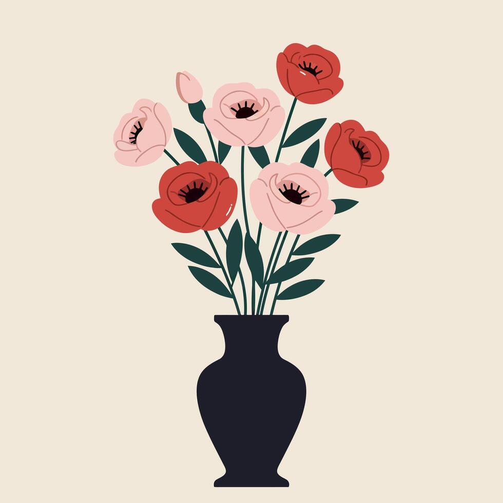 A beautiful arrangement of red and pink flowers in a black vase, showcasing a minimal style of art vector