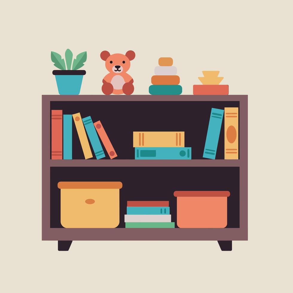 Cozy wooden shelf displaying colorful books, decorative toys, and potted plants in a flat design illustration vector