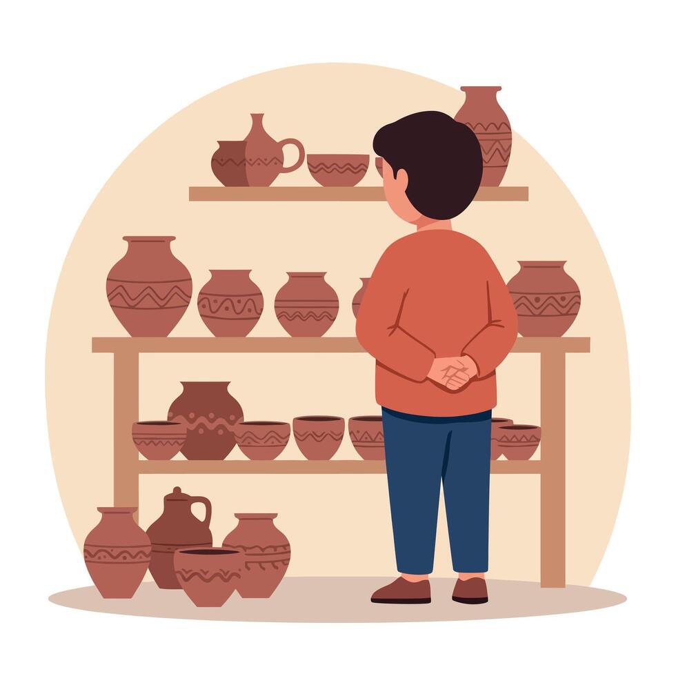 A young boy admiring handcrafted pottery on display in a cozy shop, showcasing a flat and minimal design style, illustration vector