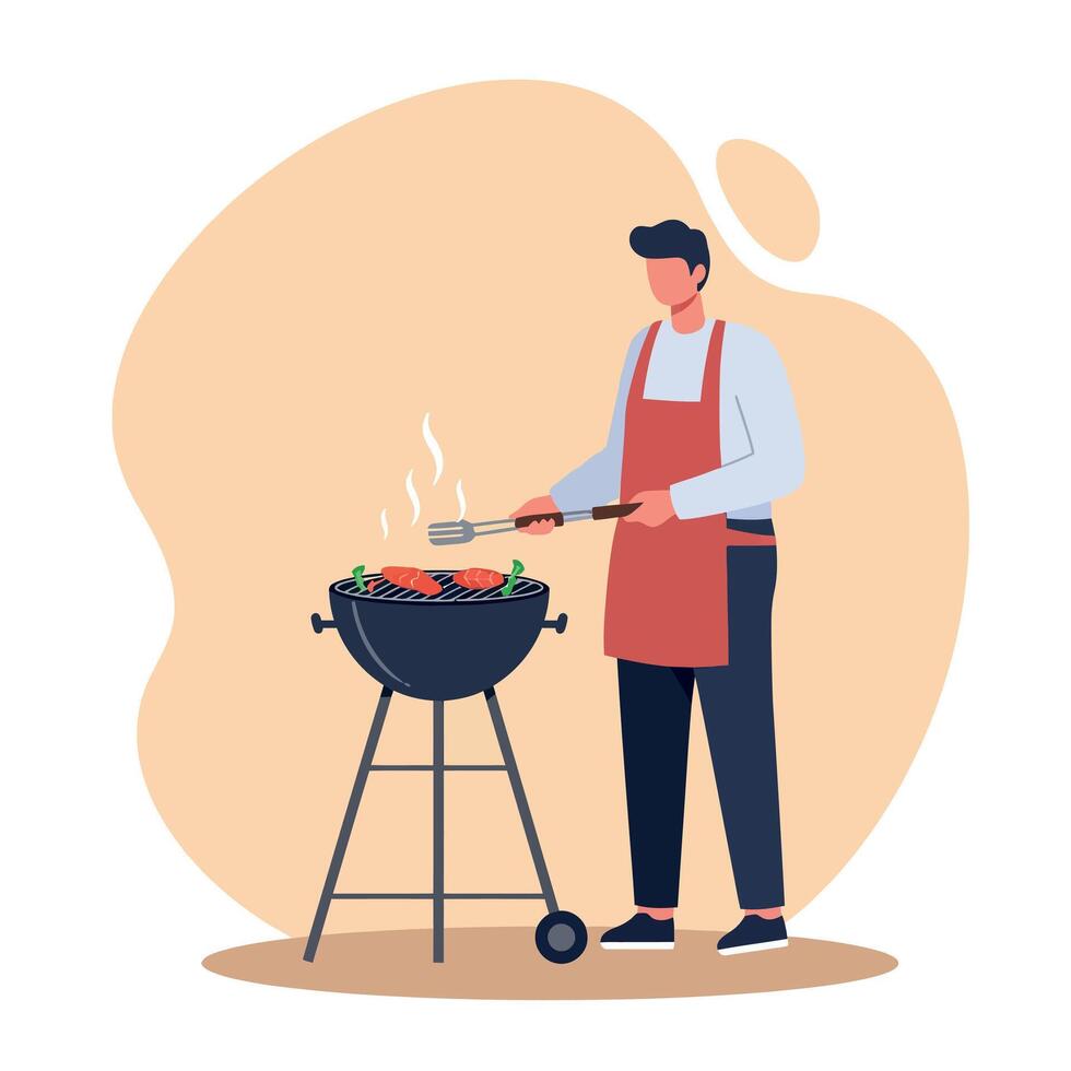 A man grilling vegetables and meat on a barbecue, wearing an apron in a flat, colorful illustration vector