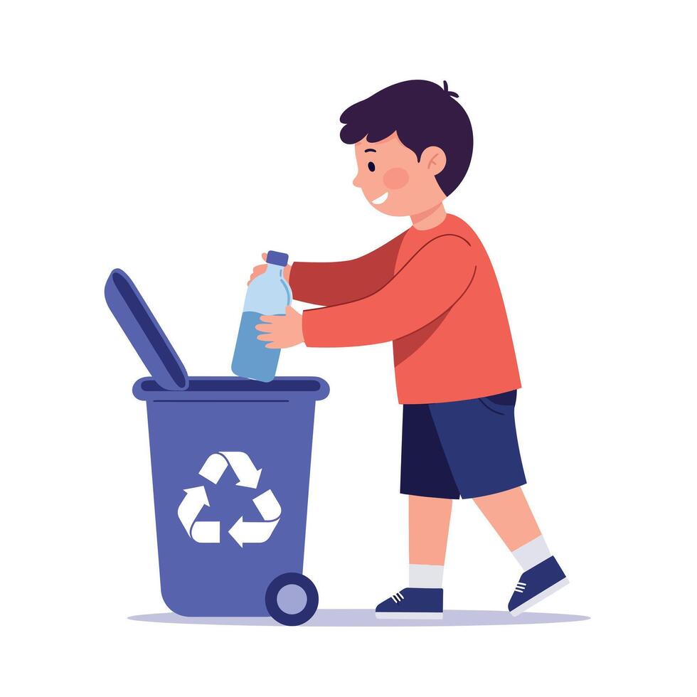 Young boy happily recycling a plastic bottle into a blue bin in a flat illustration showing environmental awareness and responsibility vector