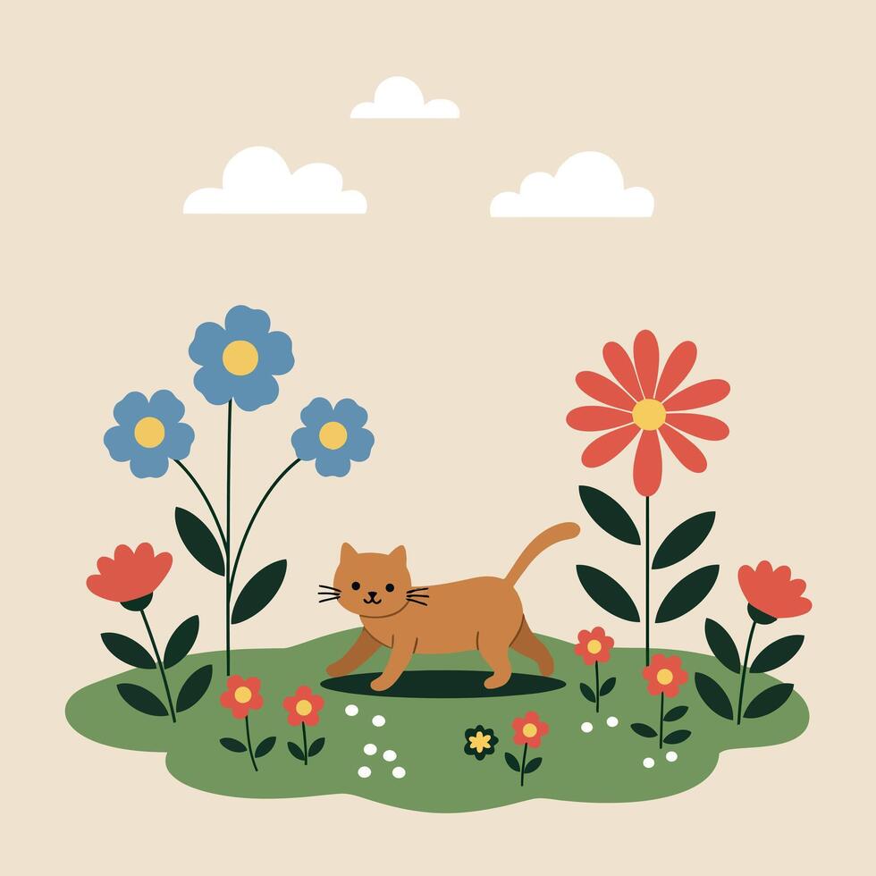 A playful orange cat wandering through colorful flowers in a sunny garden, showcasing a flat and cheerful design style in illustration vector