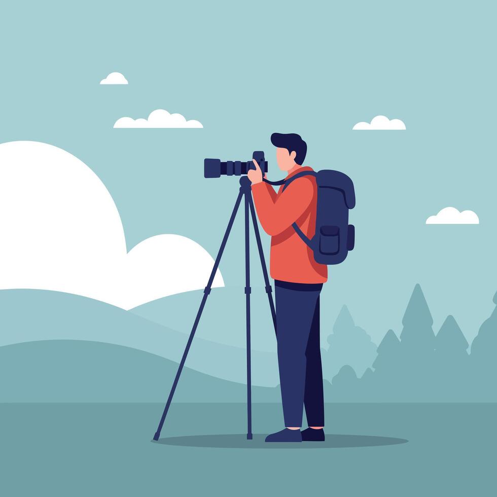 A photographer in a red jacket capturing nature scenes with a camera on a tripod in a minimal illustration setting vector