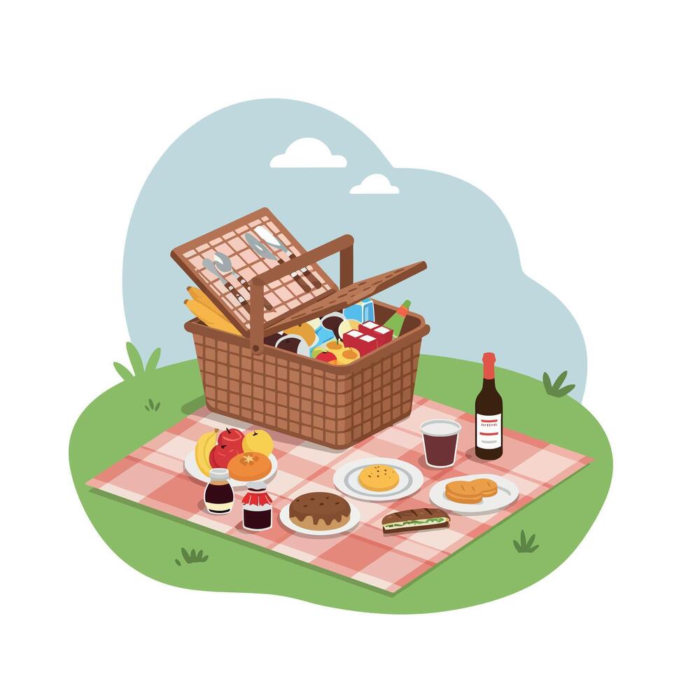 Picnic Basket with Food and Wine on Checkered Blanket in Minimal Flat Illustration vector