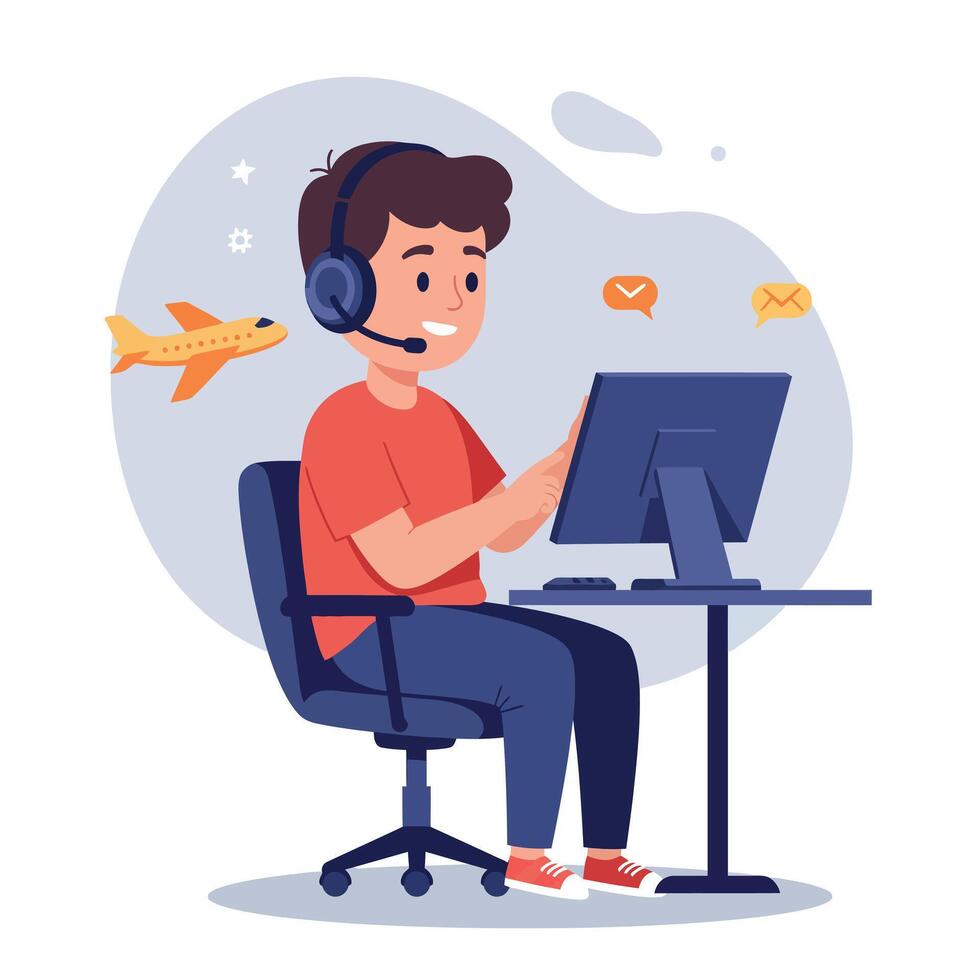 Young man using a computer while wearing a headset in a flat, cheerful workspace with an airplane in the background, illustration vector