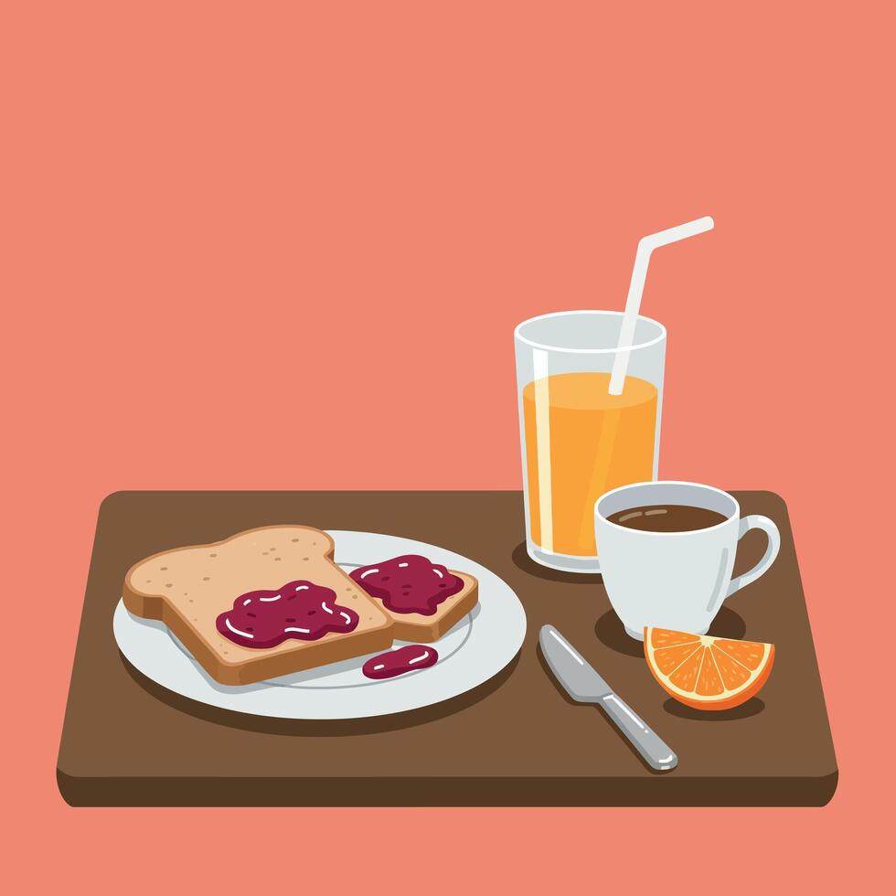 Breakfast scene featuring toast with jam, orange juice, and coffee in minimal art style vector