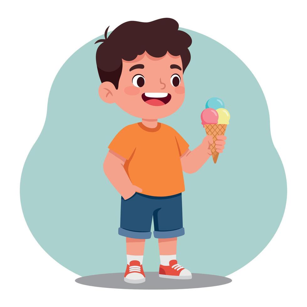 Happy child holding a colorful ice cream cone in a flat, cheerful design style illustration vector