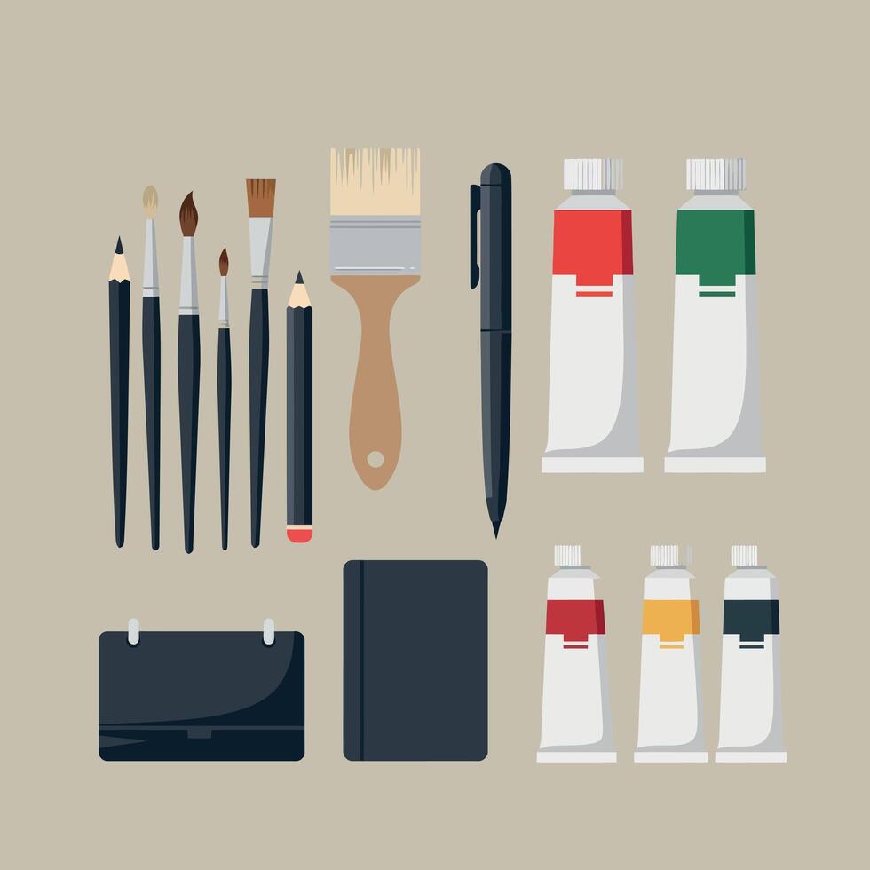 Art Supplies Arranged Neatly in Minimal Style Featuring Brushes and Paint Tubes Illustration vector