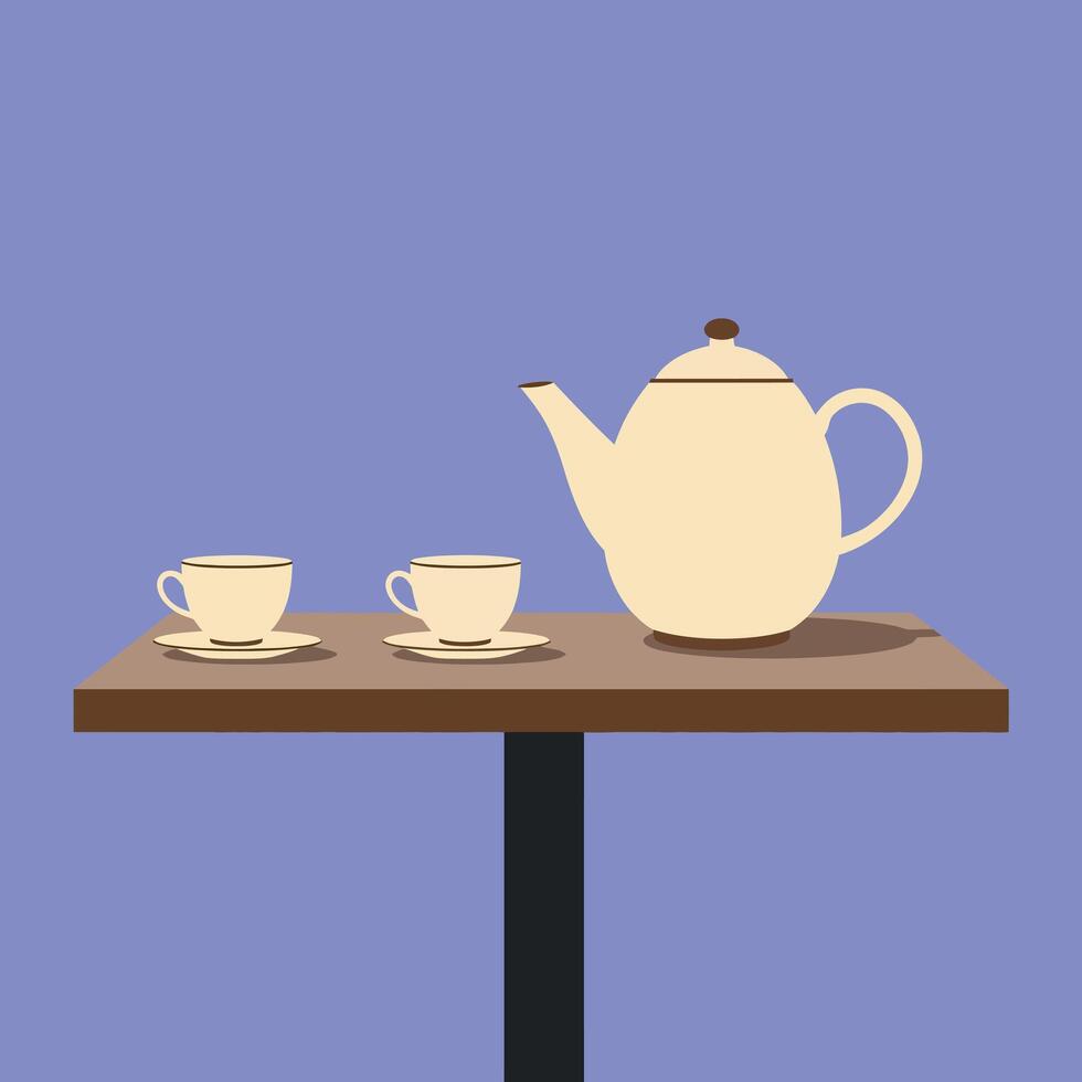 Elegant Teapot and Two Cups on Wooden Table in Minimalist Flat Design Illustration vector